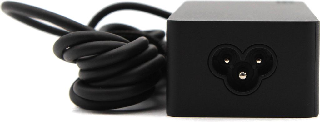 A black power adapter with a coiled power cord on a white background.