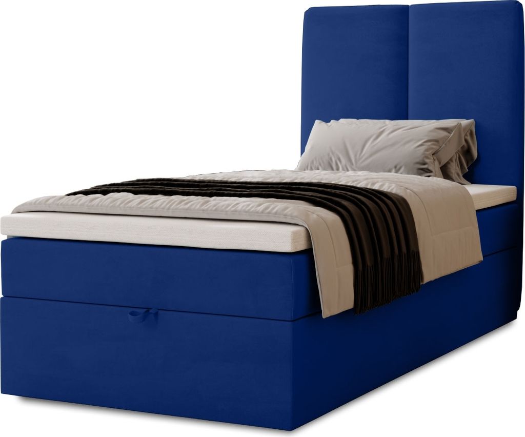 Boxspringbett Malmo mit Bettkasten, 90x200, Farbe: Blau, Velourstoff, Doppelbett mit Bonell-Matratze inkl. Topper