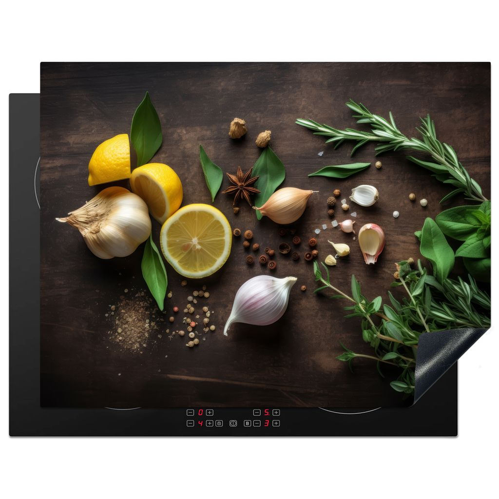 KitchenYeah Herdabdeckplatte Kräuter - Zitrone - Früchte - Holzdruck , 77x59cm, Küche Deko, Glaskeramikkochfeld Herdabdeckung, Abdeckplatte f...