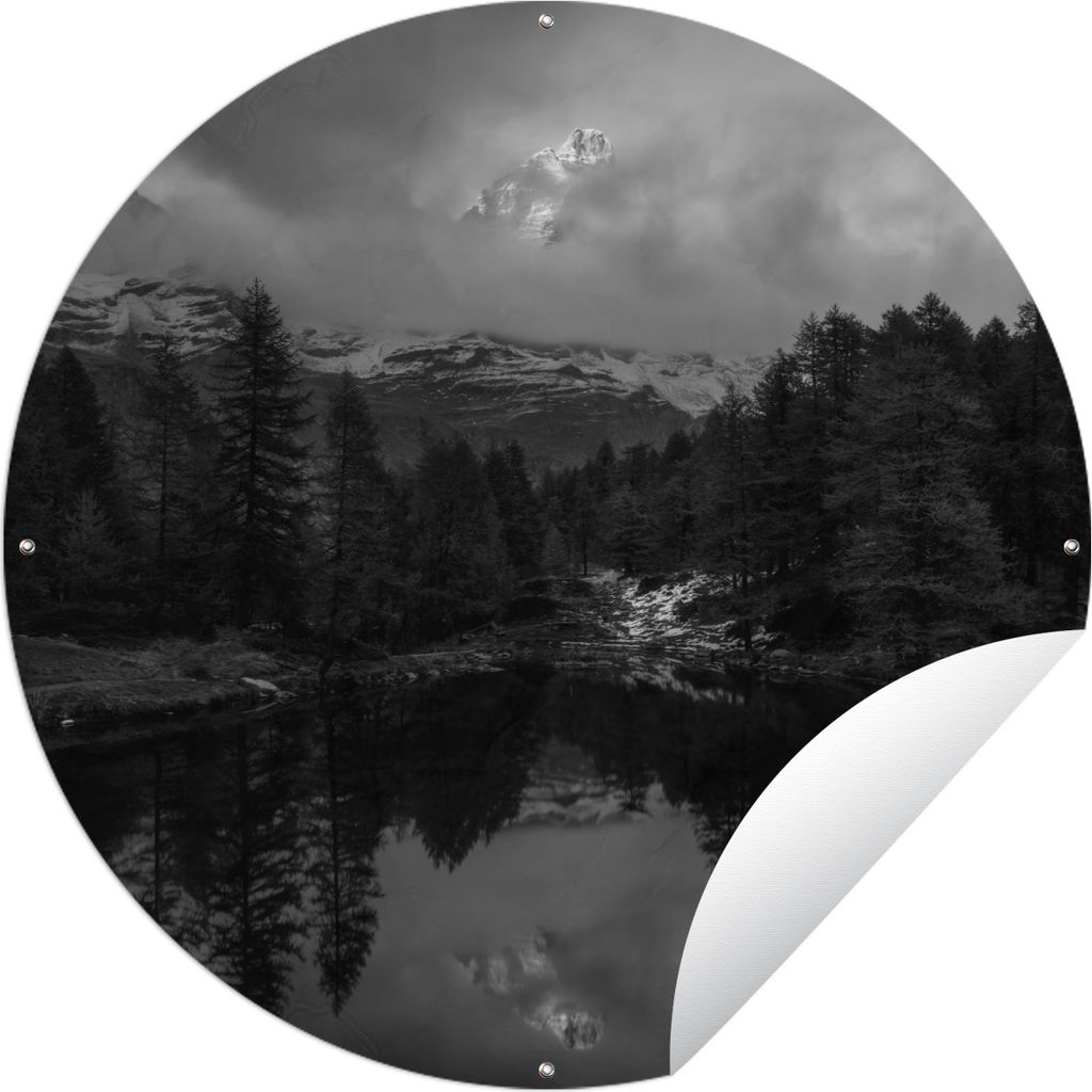 MuchoWow Gartenposter Outdoor-Poster Rund Matterhorn hinter Nebel in der Schweiz - schwarz und weiß Ø 150 cm Gartendeko Rundes Poster draußen