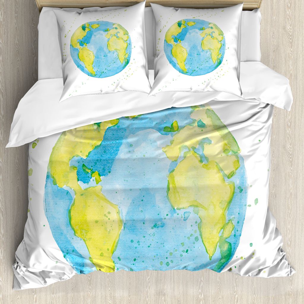 ABAKUHAUS Erde Bettbezug, Aquarell-Stil Planet, Milbensicher Allergiker geeignet mit Kissenbezügen, 155 cm x 220 cm - 80 x 80 cm, Grün blau
