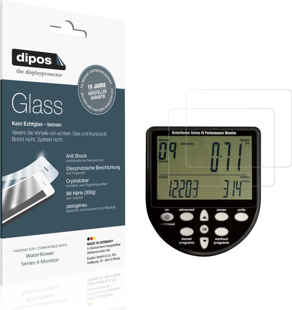 2x Schutzfolie für WaterRower Series 4 Monitor - Anti-Shock 9H Folie dipos Glass Kunststoffglas