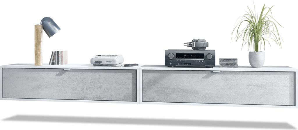 Vladon 2er-Set TV Board Lana 120, Germany, Lowboards je 120 x 29 x 37 cm mit viel Stauraum, Korpus in Weiß matt, Fronten in Beton Oxid Optik | Gro...