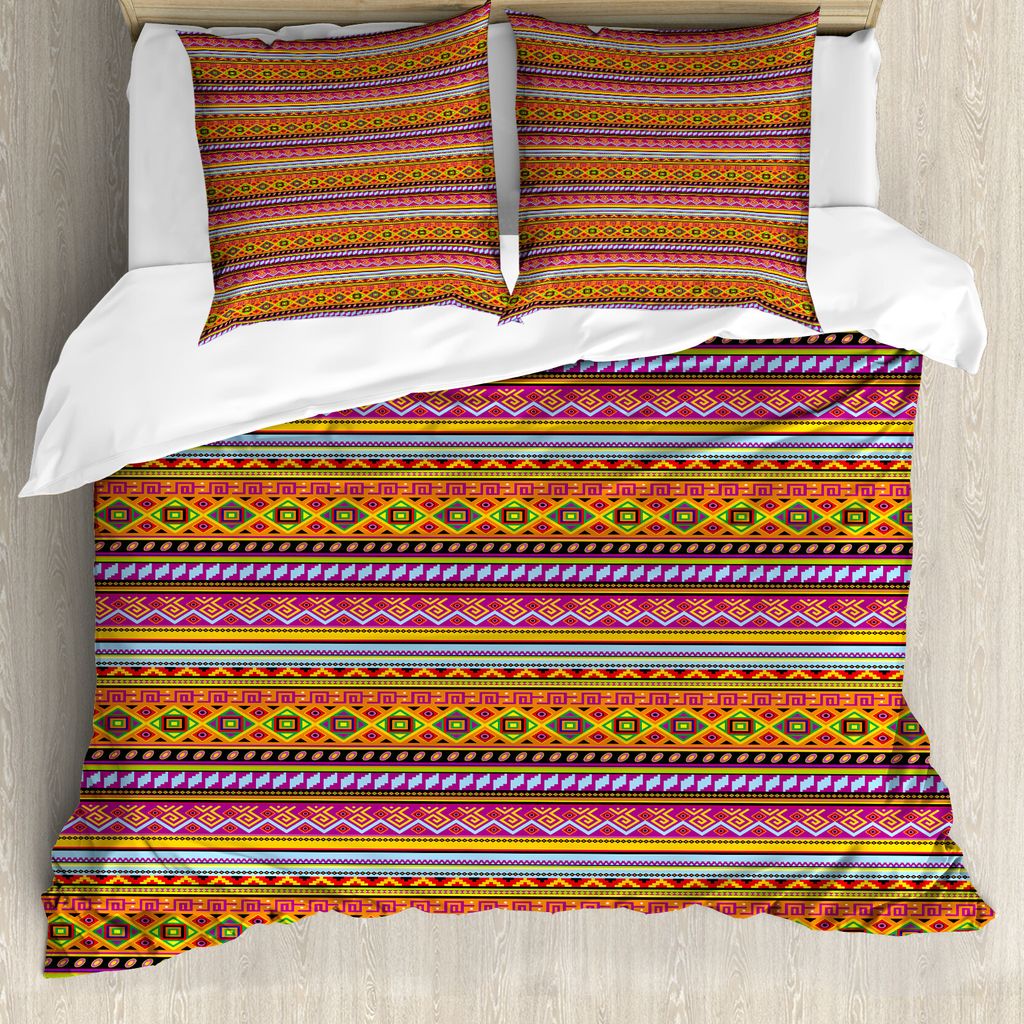 ABAKUHAUS Mexikaner Bettbezug, Folk Vintage-Geometric, Milbensicher Allergiker geeignet mit Kissenbezügen, 155 cm x 220 cm - 80 x 80 cm, Mehrfarbig