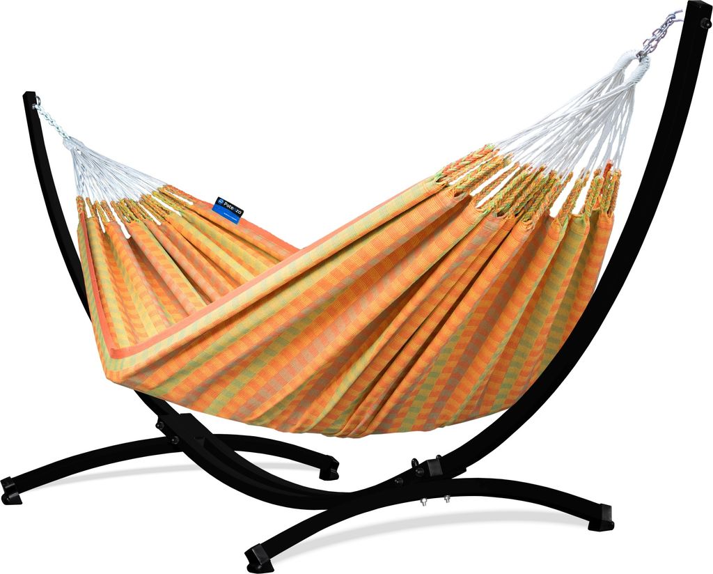 Potenza Outdoor Morena Hängematte mit Gestell für 2 Personen I 100% Baumwolle Doppelhängematte 230x160 cm, 220kg I Schwarz Hängemattengestell 2...