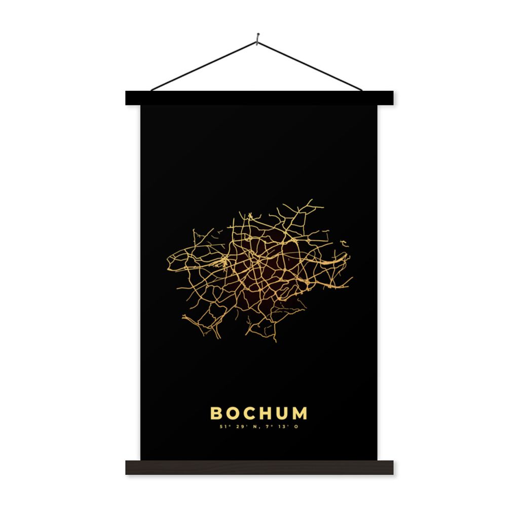 MuchoWow Textilposter Stadtplan - Gold - Karte - Bochum 120x180 cm mit schwarzem Rahmen - Fotos