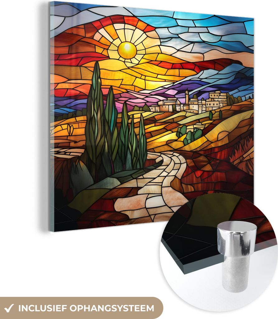 MuchoWow Glasbilder - Bilder auf Wandbild - Foto auf Glas Mosaik - Sonne - Landschaft - Dorf 40x40 cm Wanddekoration aus Glas - Acrylglasbild - Acr...