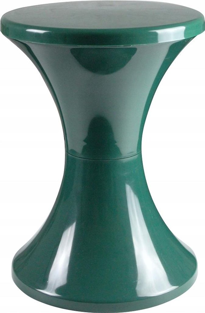 A dark green hourglass-shaped stool.