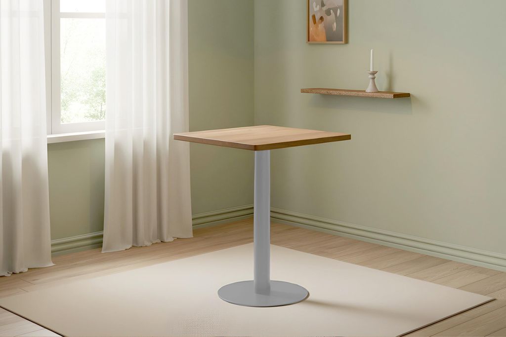 Bistrotisch eckig Runde Kante 50 x 50 cm Akazienholz natur massiv Säulengestell-rund silber EMILE