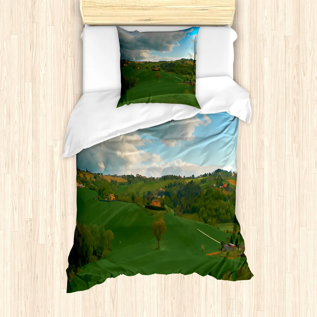 ABAKUHAUS Set copripiumino per letto singolo con motivo golf, paesaggio rurale, antiacaro, adatto a chi soffre di allergie, con federa, 135 cm x 200 cm - 80 x 80 cm, verde e multicolore