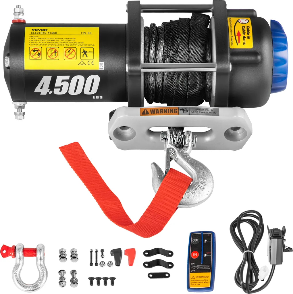 Treuil pour 4x4 et Camionnette 12V Traction 2041 kg avec Télécommande Sans Fil