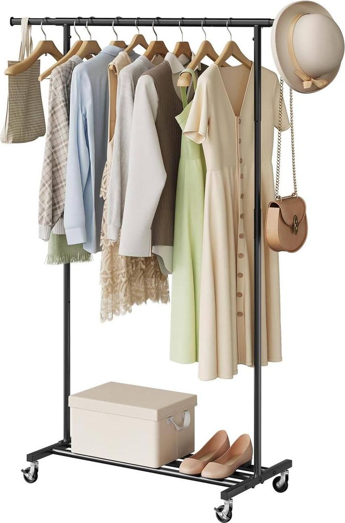 EUGAD Kleiderständer auf Rollen, Garderobenständer ausziehbare Kleiderstange, bis 70 kg belastbar, Schwarz