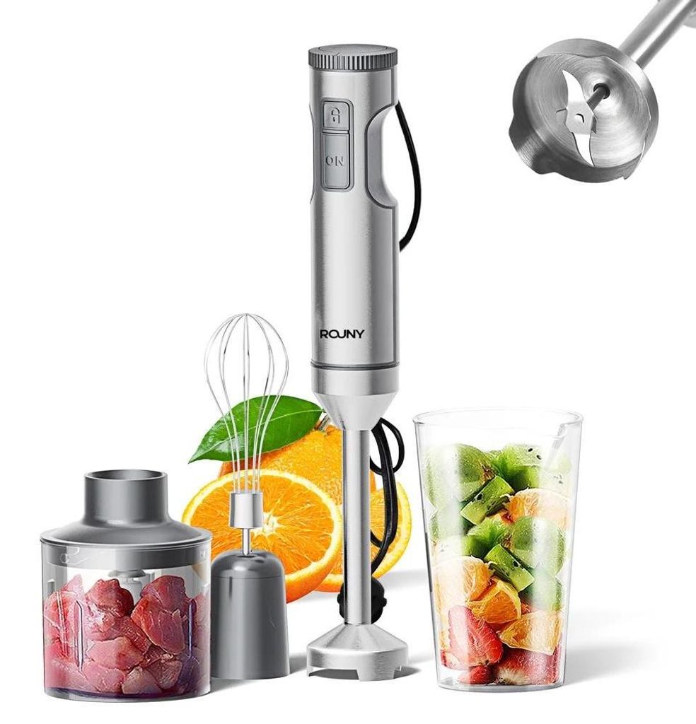 Stabmixer - 4-in-1 Set - Edelstahl - Stufenlose Geschwindigkeit & Turbo - 15000 U/Min - 700 ml Becher + 500 ml Zerkleinerer - Schneebesen - R Slive...