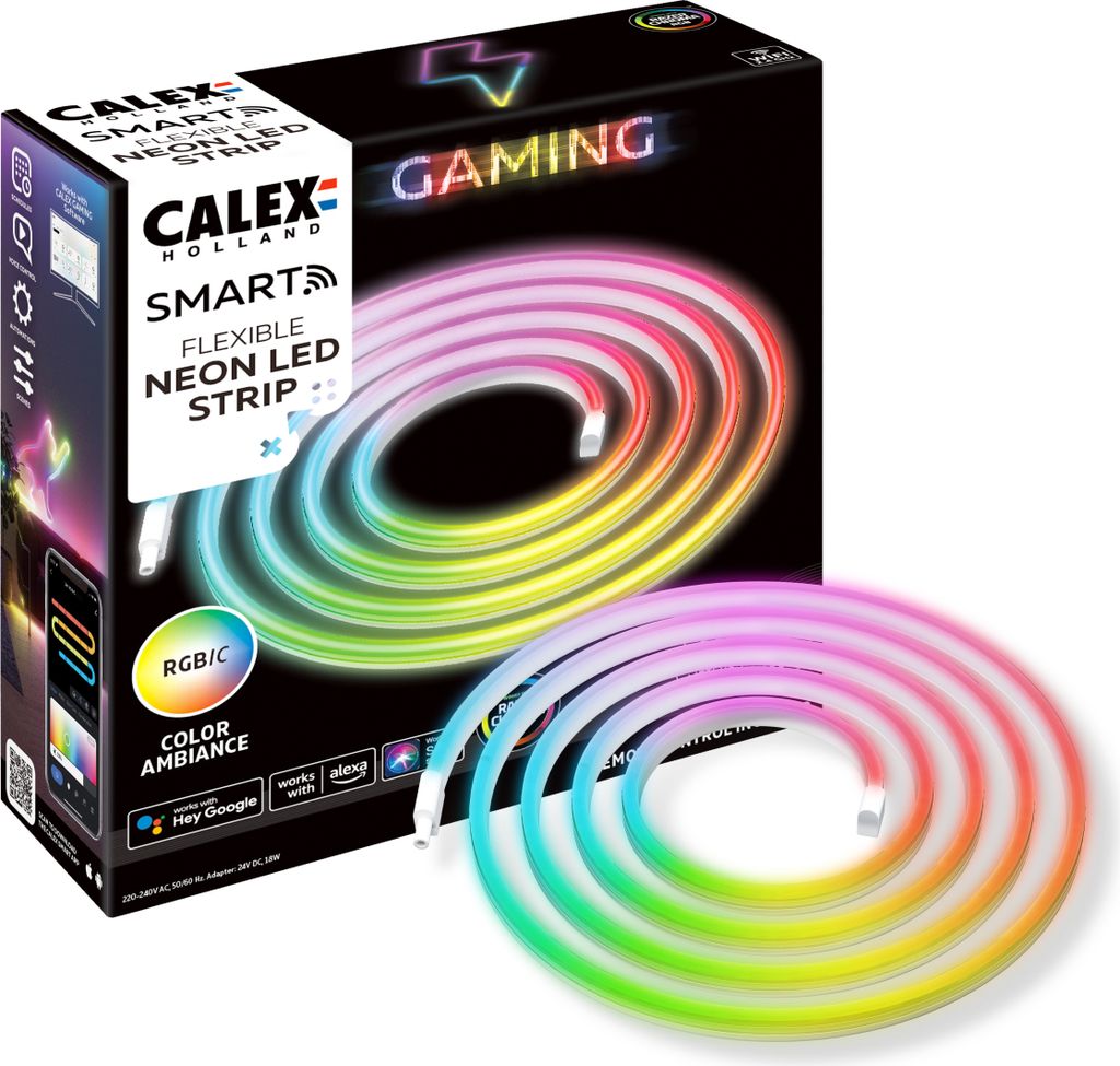Calex Gaming Neon LED Strip, RGBIC Farben, Razer Chroma kompatibel, PC-Sync, 2 m