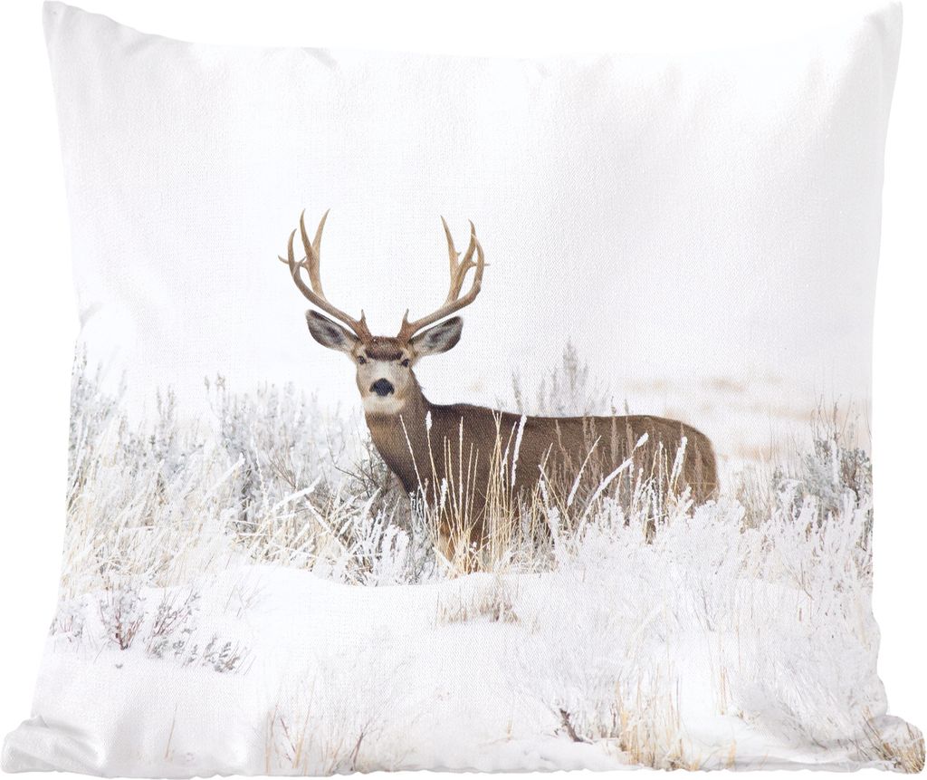 MuchoWow Zierkissen Sofakissen Wohnzimmer Dekokissen 40x40 cm Hirsche - Winter - Schnee - Tiere - Jahreszeiten - Weiß - Foto Kissen - Schlafzimm...