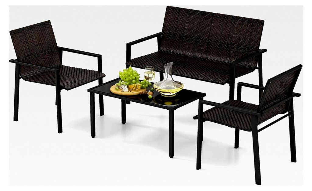 Gartenlounge Möbelsets, Gartenmöbel Set Polyrattan, 4-teilig, Terrassenmöbel, Sitzgruppe für 4 Personen, Tisch, 2 Stühle, Sitzbank, Balkonmöb...