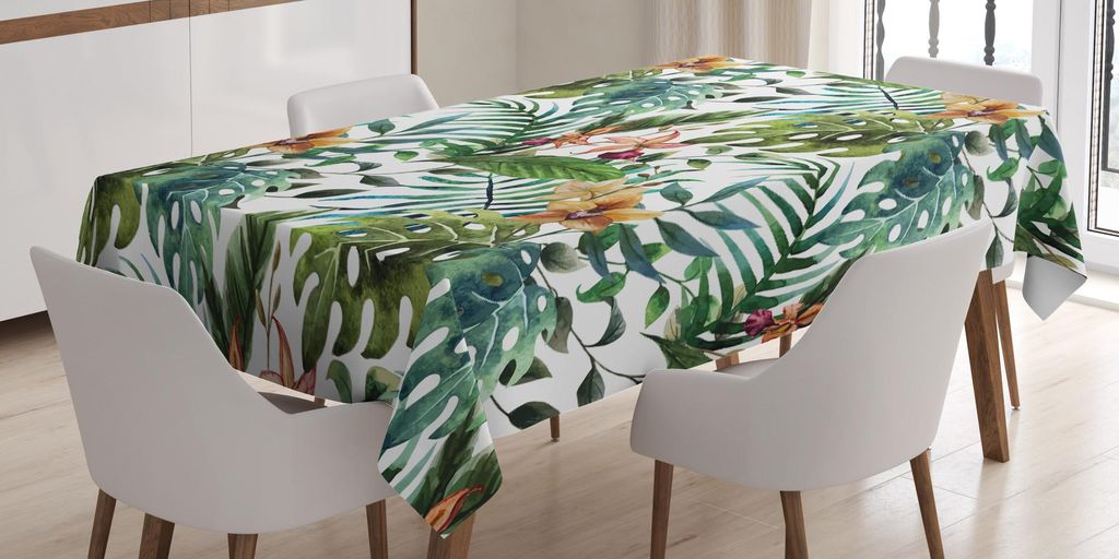 ABAKUHAUS Blatt Tischdecke, Vintage Retro 60er Jahre scheinen Bananen-Palme verlässt Blumen Hibiscus, 140 x 170 cm, Blasser Karamell Bordeauxrot