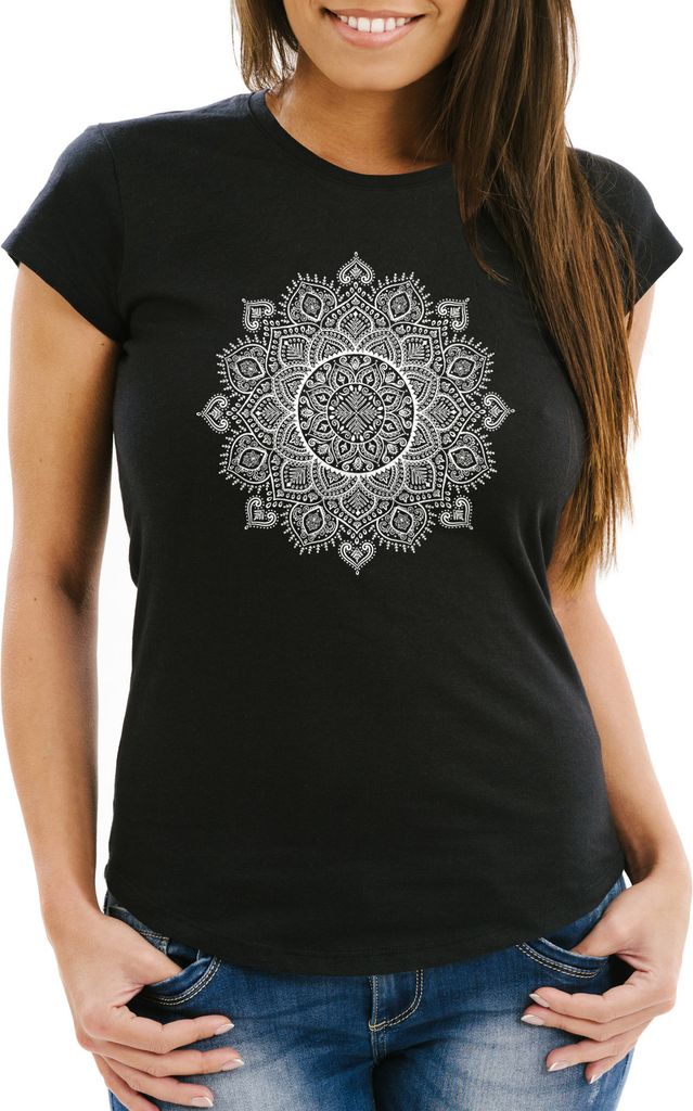 Damen T-Shirt Mandala Ethno Boho Bohemian Slim Fit Neverless schwarz XXL