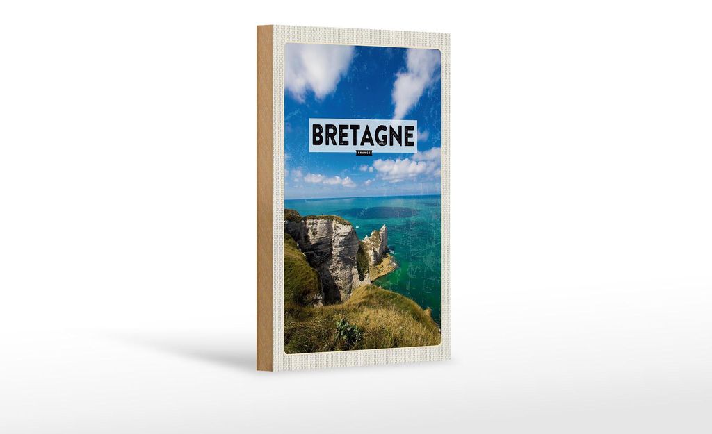 Holzschild Reise 12x18cm Bretagne France Meer Berge Urlaub Dekoration