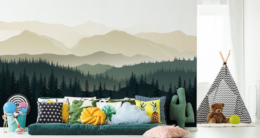 Fototapete Vlies Tapete Berge Wald Nebel 180 cm (B) x 120 cm (H) Wandbild Wanddeko