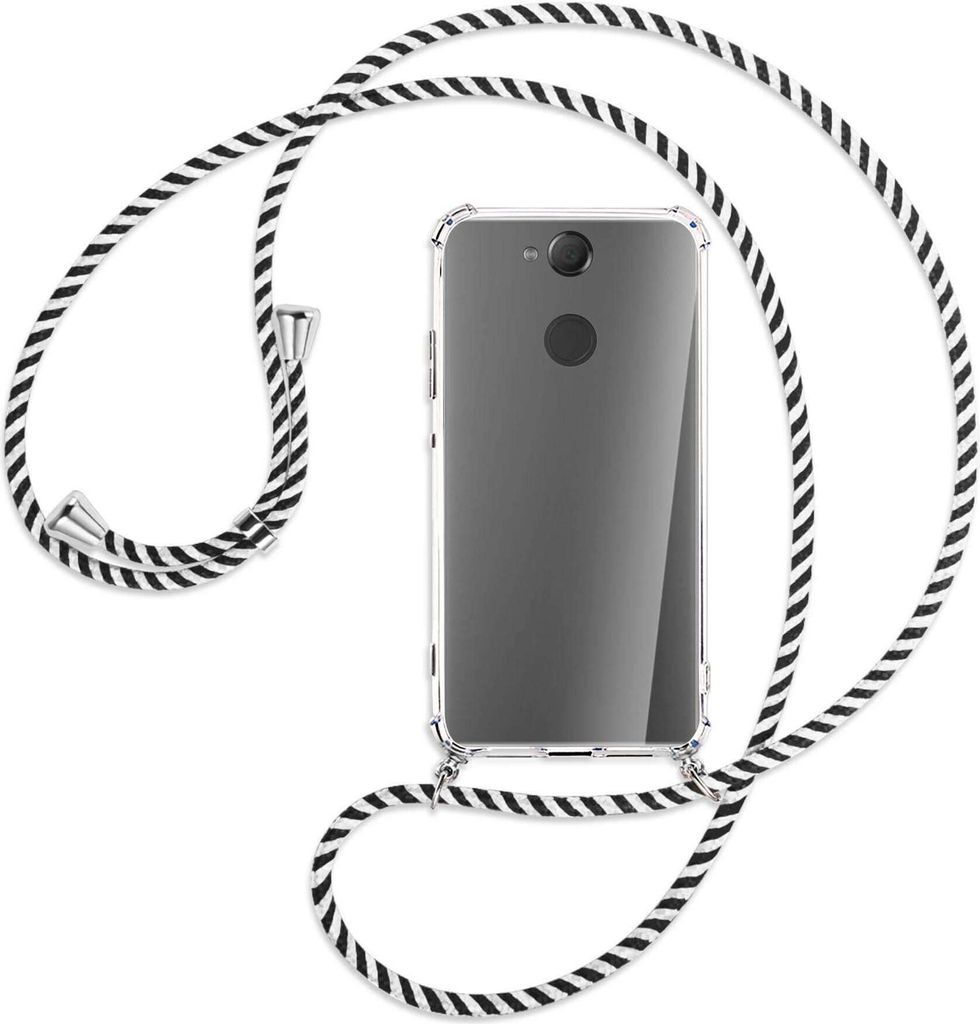 Handykette Backcover-Schutzhülle mit Band (Metall silberfarben) für Sony Xperia XA2 - schwarz/weiß gestreift