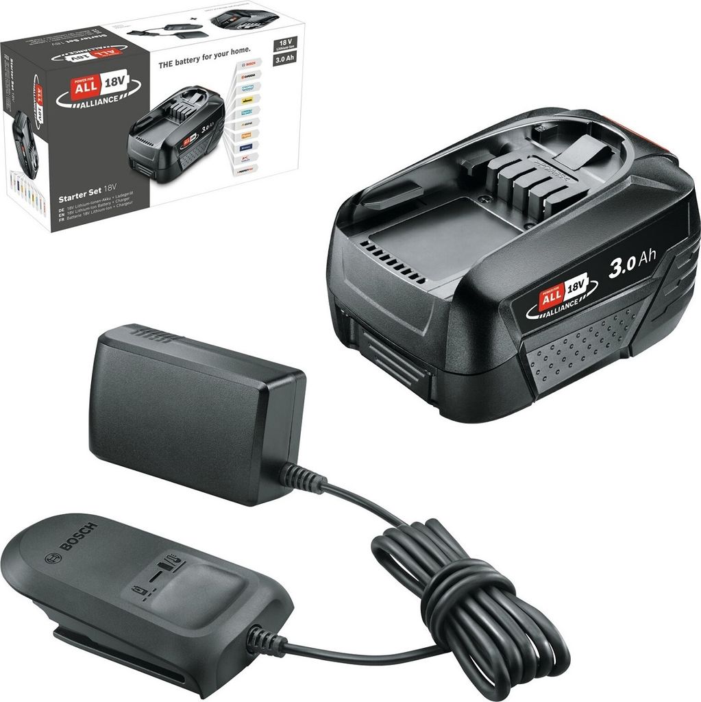A collage of a Bosch battery starter set including a battery, a charger, and its packaging.