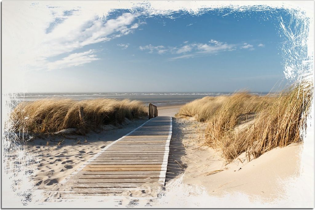 Kunstdrucke Wandbilder Holz in : Brillante Farben, Größe 60 x 90 cm Motiv Auf dem Holzweg zum Strand