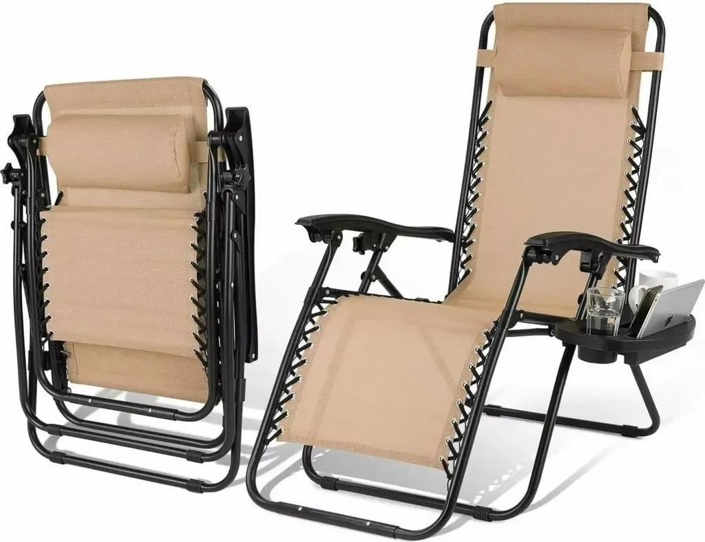 Chaise Longue Pliable Zero Gravity Beige - Pack de 2 avec Porte-Gobelet - 5