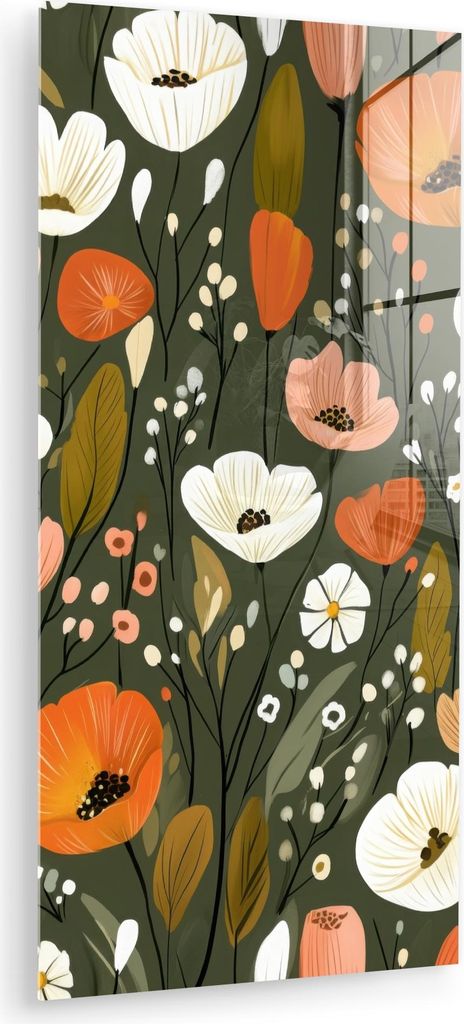 MuchoWow Glasbilder - Bilder auf Wandbild - Foto auf Glas Blumen - Illustration - Grün 60x120 cm Wanddekoration aus Glas - Acrylglasbild - Acrylbi...