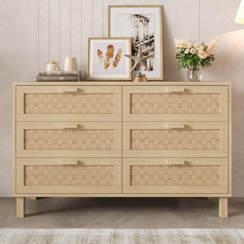 Sweiko Elegantes Sideboard und Kommode aus Naturholz mit sechs Schubladen, Schlafzimmerschrank mit viel Stauraum, Schubladen in Rattanoptik.