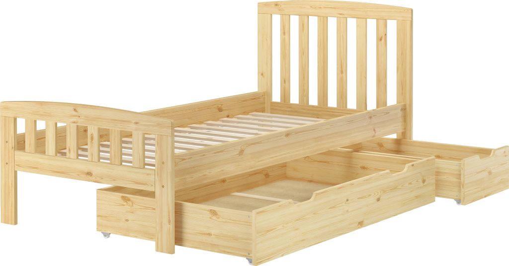 Klassisches Kieferbett natur 90x200 Einzelbett Singlebett Massivholzbett Zubehör wählbar V-60.57-09Rollrost und Doppelbettkasten inkl.