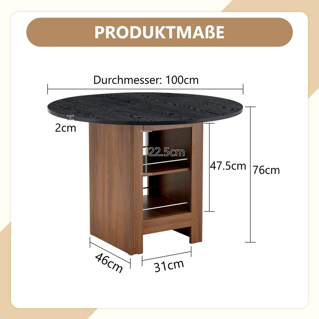 Table ronde aspect noyer Ø 100 cm avec étagère, structure métal noir - 4