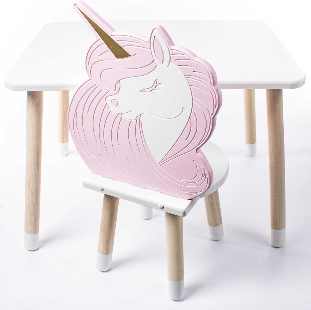 DEKORMANDA – Kindertisch mit Stuhl – Möbel für ein Kinderzimmer – Stuhl in Einhornform für kleine Märchenliebhaber – weißer Kindertisc...