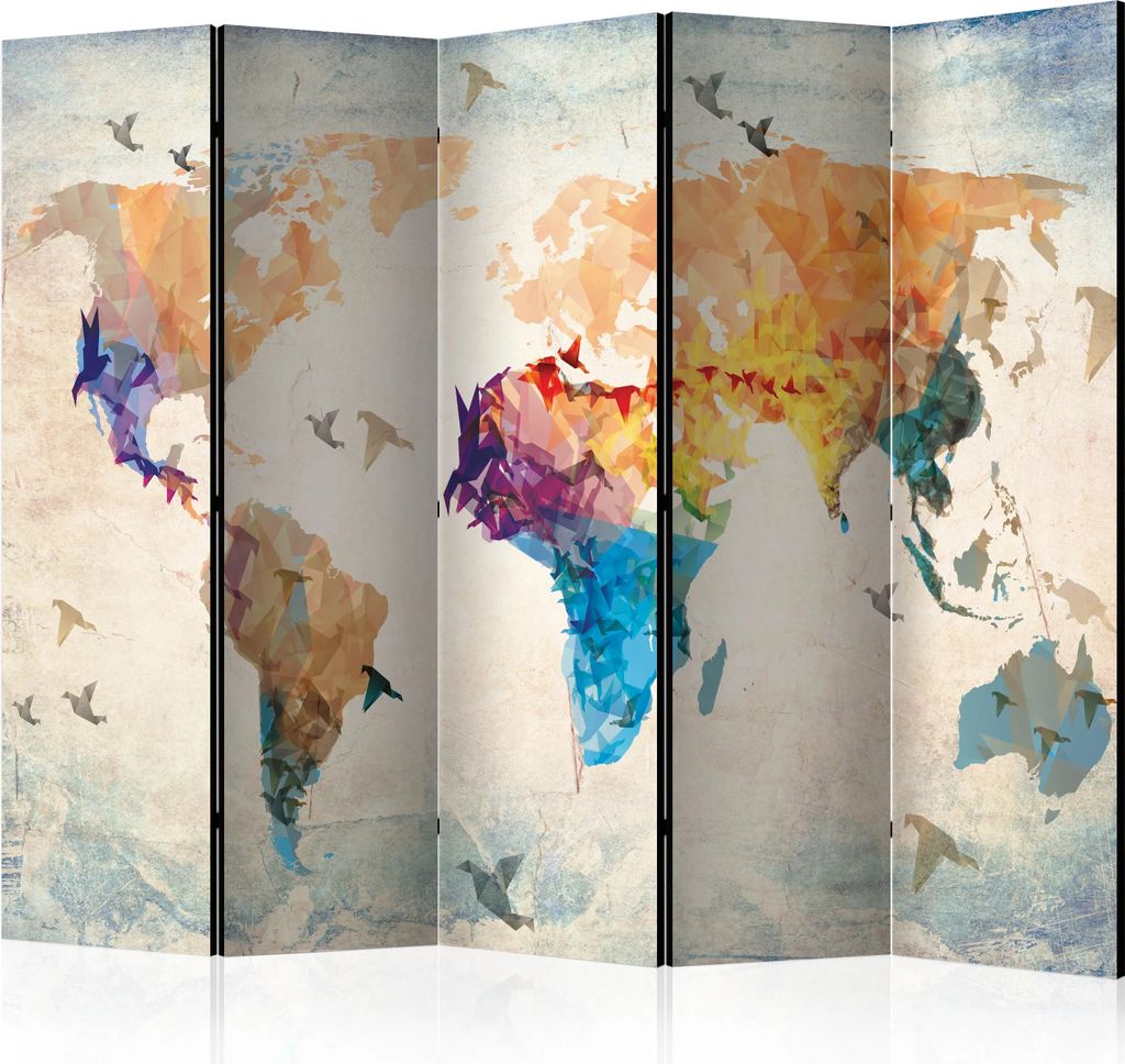 5-teiliger Doppelseitiger Vlies Paravent - Paper birds II 225x172 cm Karten k-C-0105-z-c