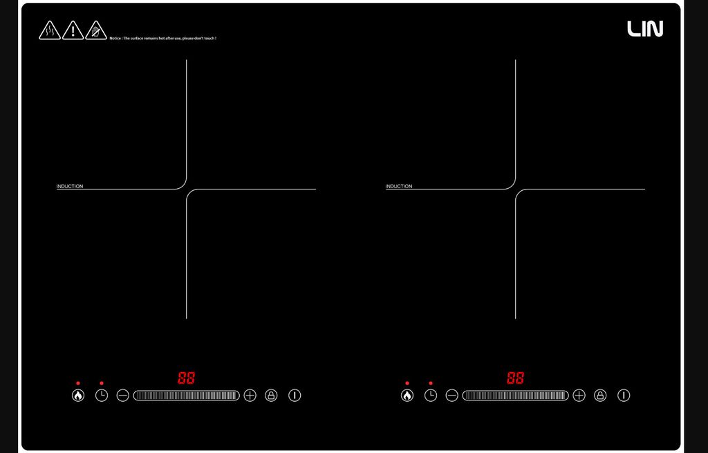 A black induction cooktop with two heating zones, displayed from a top-down perspective.