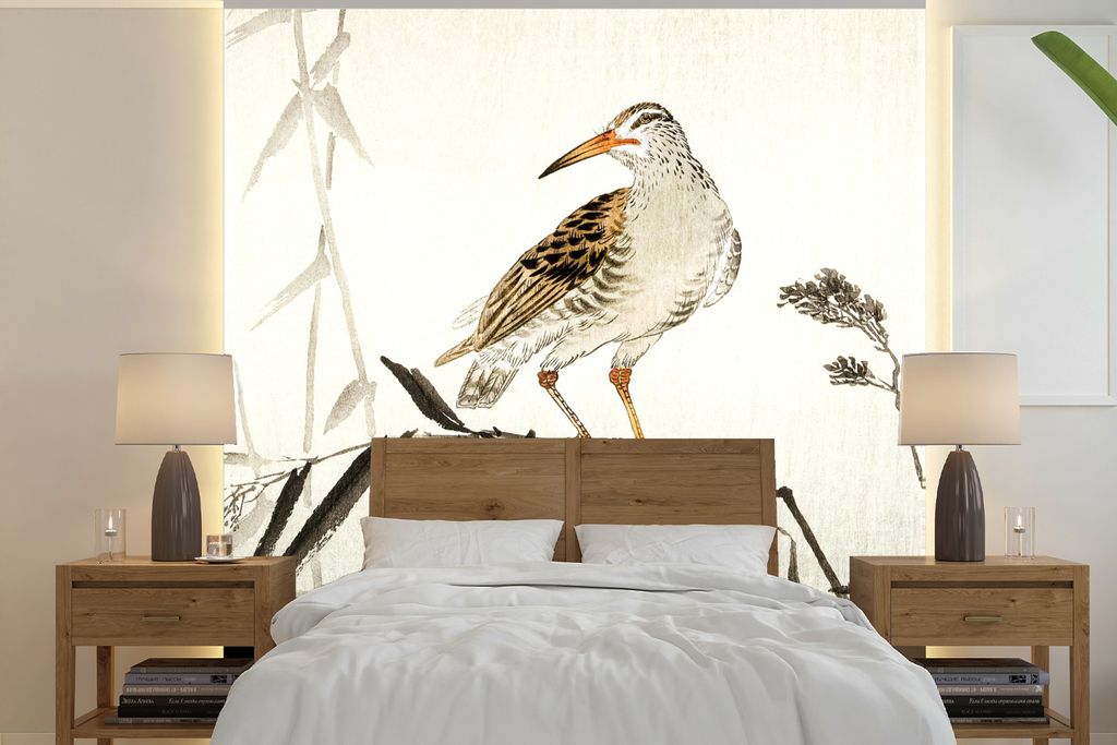 MuchoWow Fototapete für Wohnzimmer oder Schlafzimmer Wandtapete Vinyl Motivtapete Vogel - Japanisch - Vintage - 280x280 cm - Hintergrundbild
