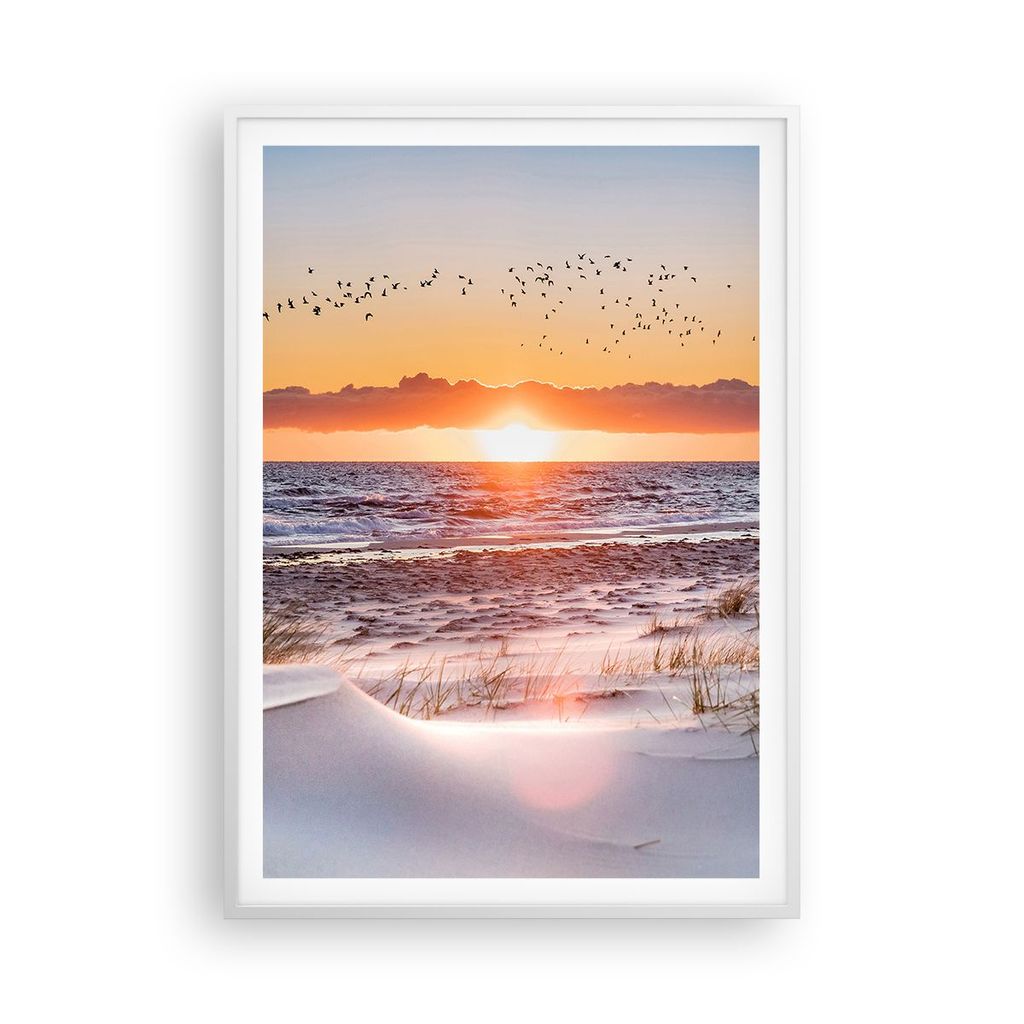 Gerahmtes Poster - Weißer Rahmen - Sonne Strand Vögel - 70x100 cm - Wand Bild - Wanddeko - Wandbilder - Kunstposter - Wandposter - Bilderrahmen -...