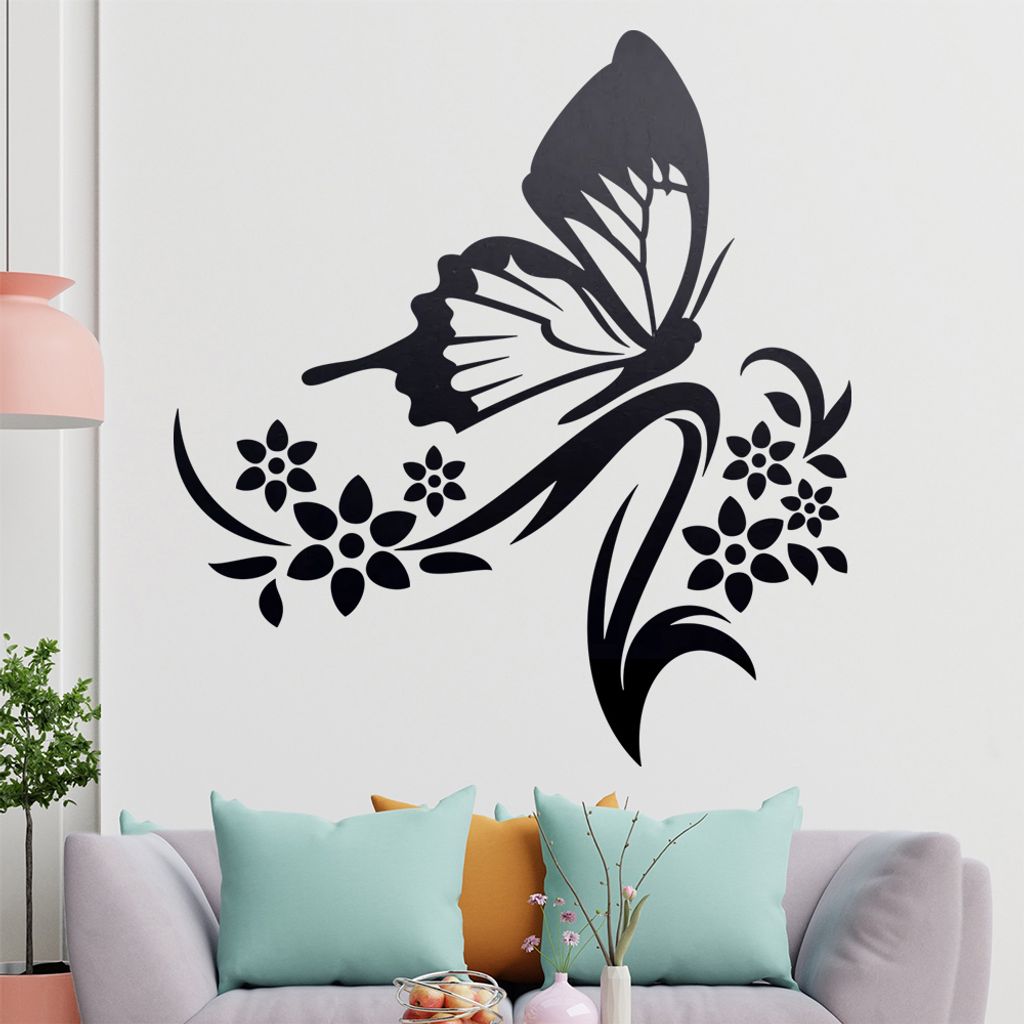 Großer Falter Blüten Wandtattoo in 6 Größen - Wandaufkleber Wall Sticker - Dekoration, Küche, Wohnzimmer, Schlafzimmer, Badezimmer