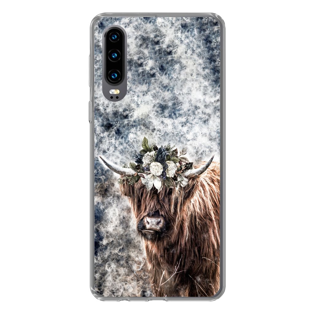 MuchoWow Handyhülle Schutzhülle Hülle für Huawei P30 Schottischer Highlander - Rauch - Blumen Silikon Softcase Handy Hülle - Kartenbesitzer