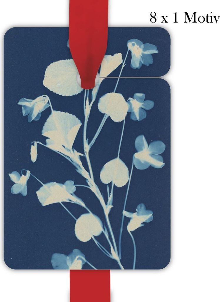 8 Künstler Geschenkanhänger Tags, Format 6,9 x 10cm mit Cyanotypie Blumen