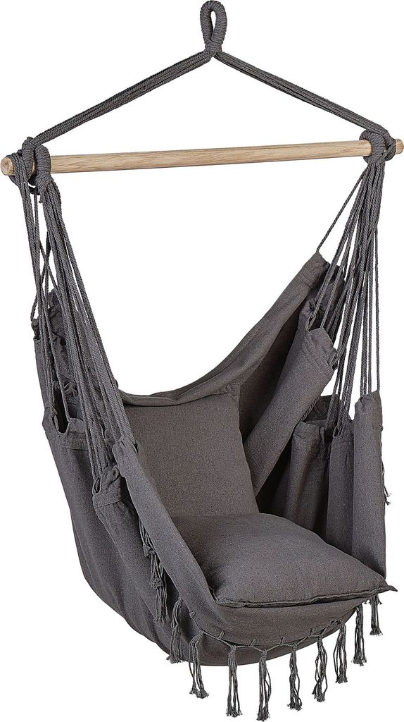 A hanging chair made of fabric and wood, suspended from a wooden bar.