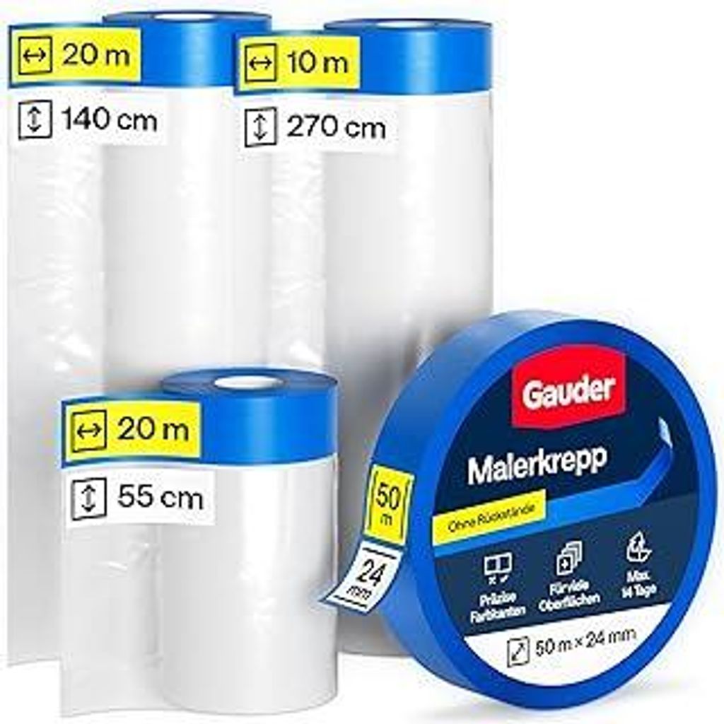 GAUDER 50 Meter Abdeckfolien-Set mit Klebeband (55 + 140 + 270 cm) und Malerkrepp (24 mm x 50 m) - 66 m² Malerfolie mit Klebeband - Set Malerband ...