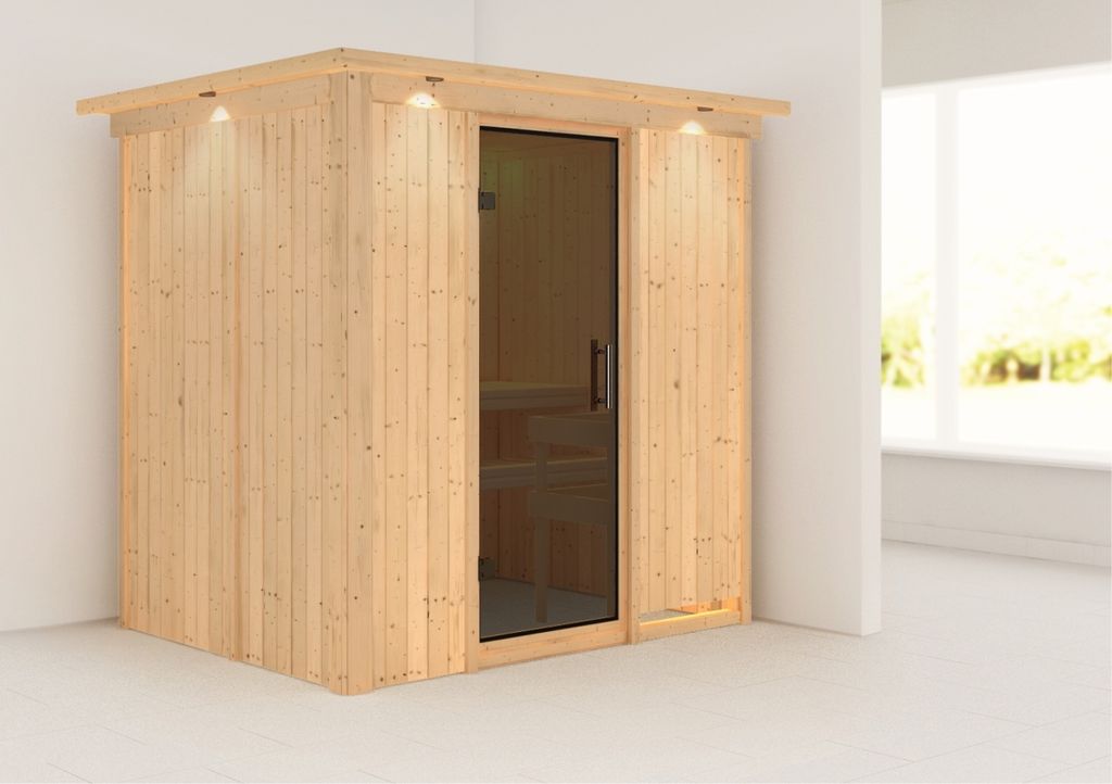 Karibu Sauna Innensauna Bodin Fronteinstieg ohne Zubehör 210x165x202 cm mit Dachkranz mit Graphittür