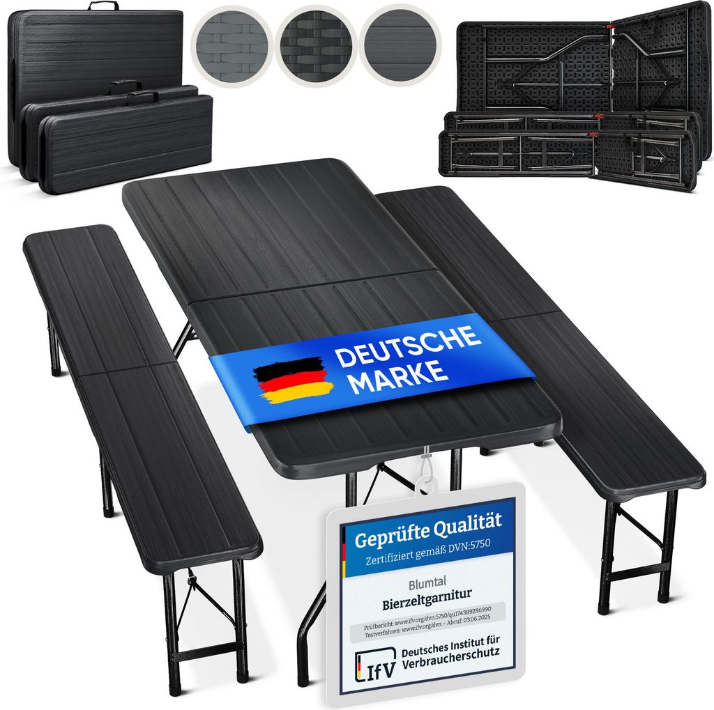 Blumtal Bierzeltgarnitur 3er Set - 2x Bierbank + 1x Biertisch - tragstarke Biertischgarnitur klappbar für 8 Personen - mit Griff, Holz-Optik Anthr...