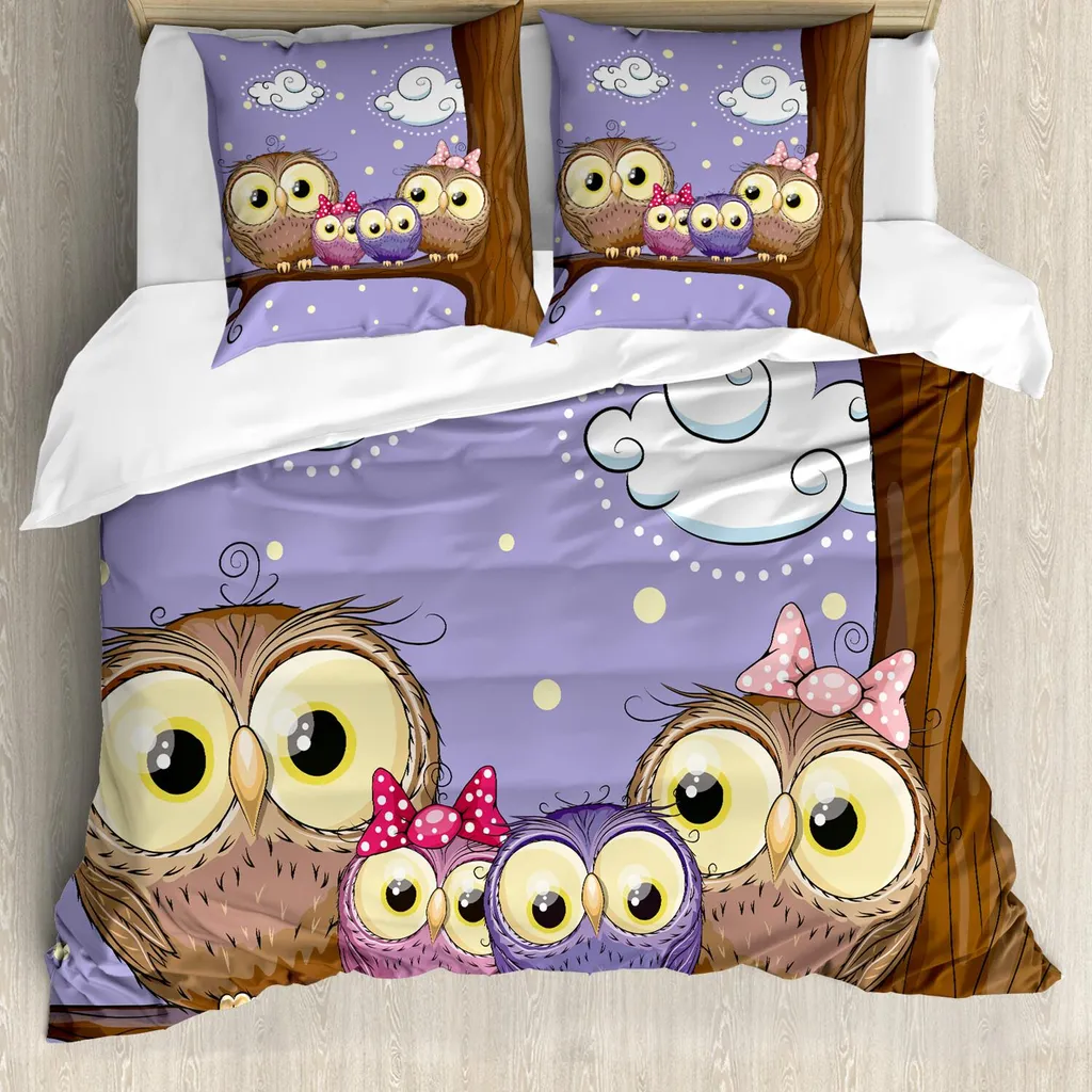 Parure de lit 2 pièces motif Oiseaux Caricature 155x220 cm Lavande/Brun