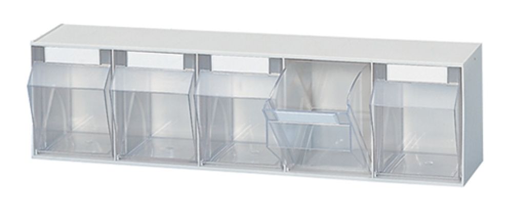 A white storage unit with five clear bins, mounted on a white background.