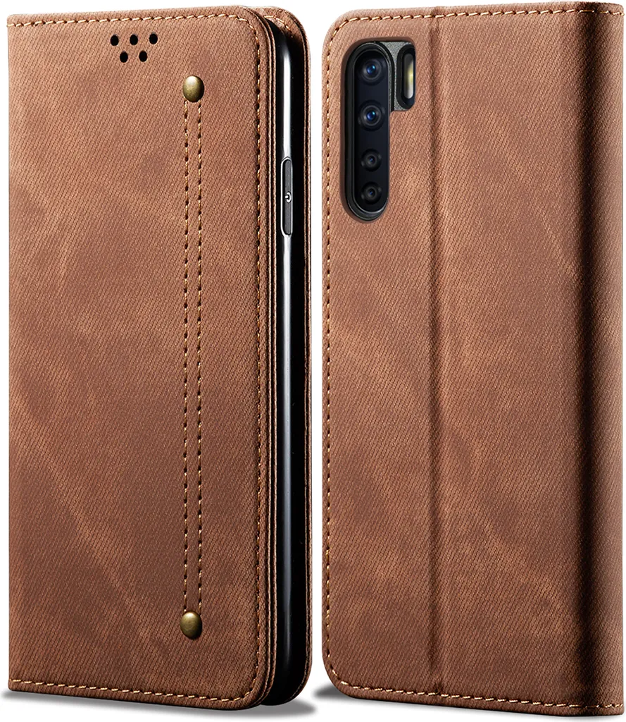 Cover OPPO A91 LaimTop Marrone - Protezione Denim Style Portafoglio