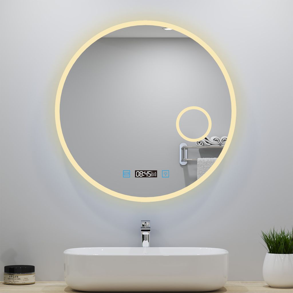 Badspiegel mit Beleuchtung Uhr 3-Fach Kosmetikspiegel Badezimmer Spiegel 60cm Rund mit Beschlagfrei Kalt/Neutral/Warmweiß Dimmbar Wandspiegel mit ...