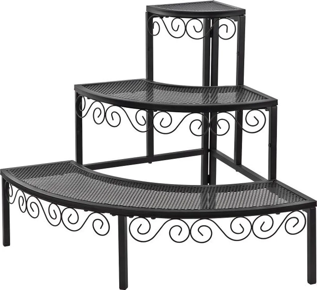 Escalier d'angle pour fleurs 60x60x62 cm avec 3 étagères en métal noir
