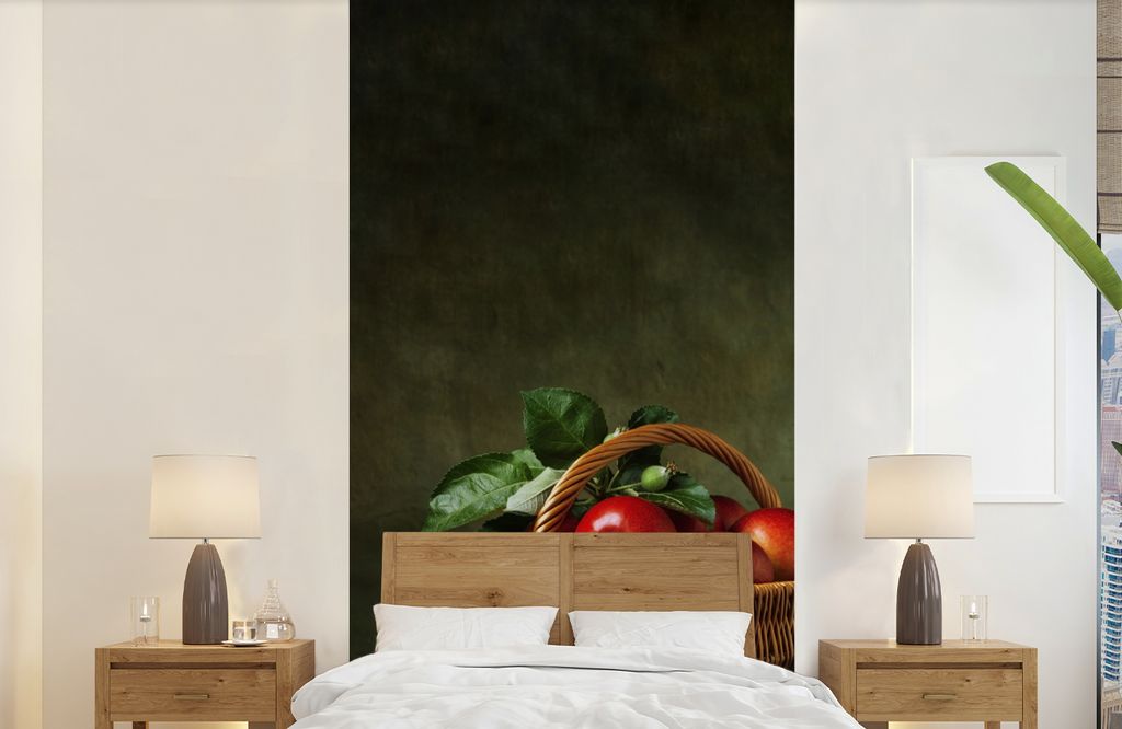 MuchoWow Fototapete für Wohnzimmer oder Schlafzimmer Wandtapete Vinyl Motivtapete Rustikal - Apfel - Obst - Rot - Korb - Stilleben - 120x240 cm ...